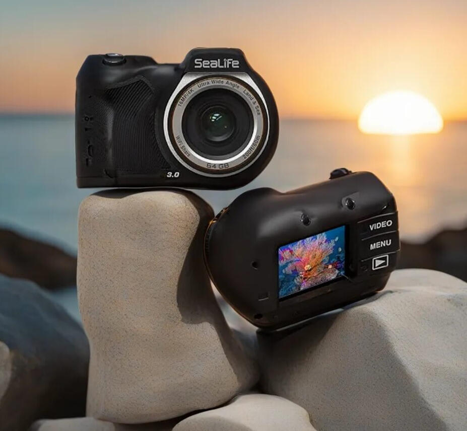 Photo of the SeaLife Micro 3.0 Pro Duo 5000 & lights displayed on a rock.