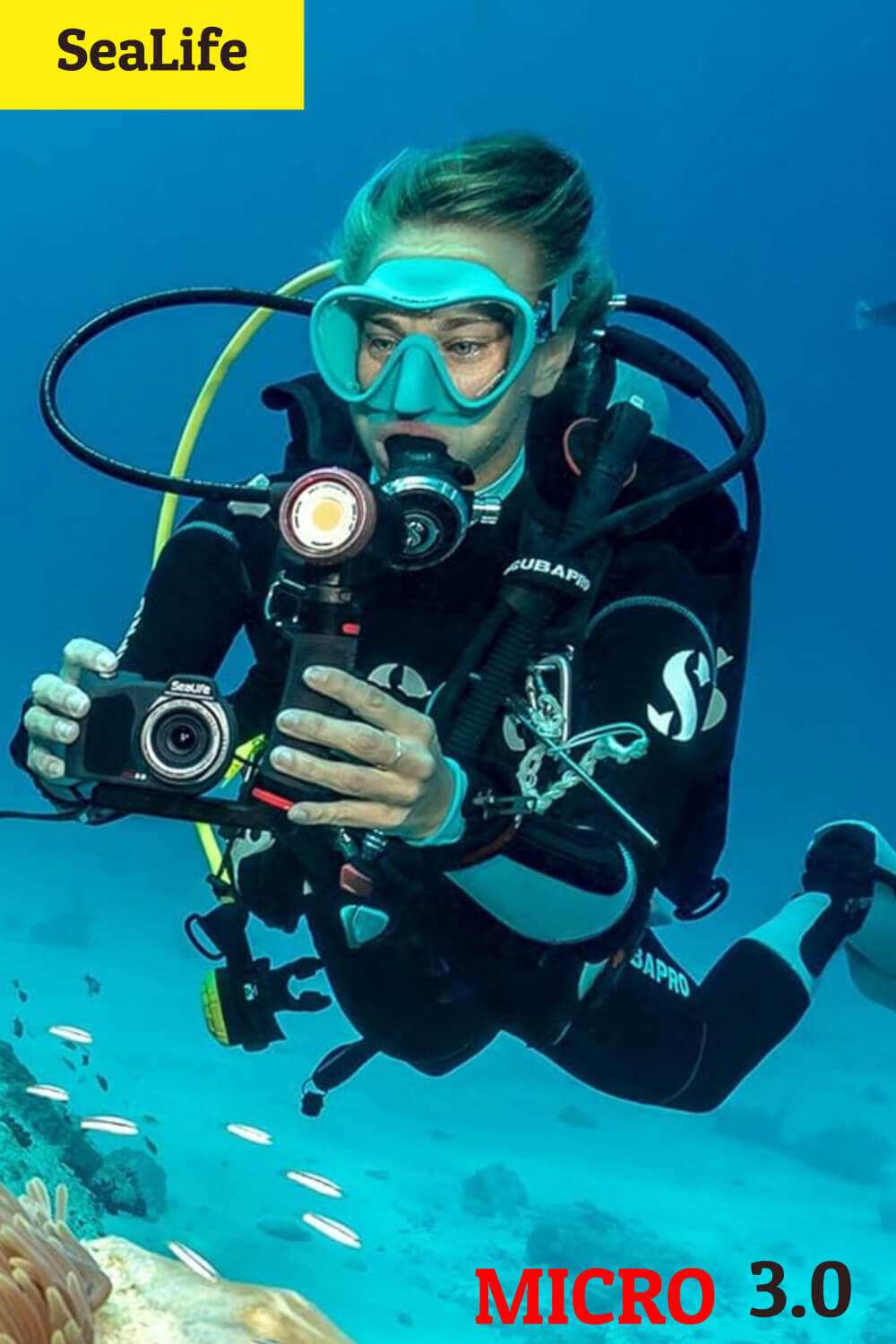 The Sea Life Micro 3.0 Duo Pro 5000 with dual LED lights used by a female diver.